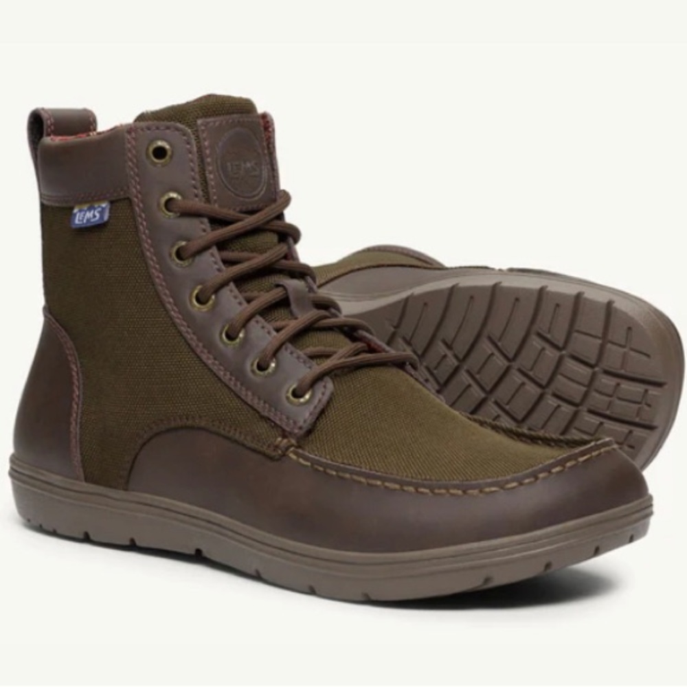 Women’s Lems Boulder Boots Lace up barefoot boots in brown with plaid insides